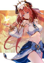 Rule 34 | 1girl, absurdres, blue eyes, breasts, brooch, circlet, crop top, detached sleeves, floating hair, forehead jewel, genshin impact, highres, horns, jewelry, long hair, long sleeves, looking at viewer, medium breasts, neck ring, nilou (genshin impact), outstretched hand, parted bangs, parted lips, puffy long sleeves, puffy sleeves, red hair, sas (ls08b), shirt, sleeveless, sleeveless shirt, solo, thighs, twintails, veil