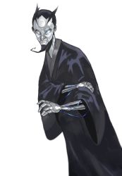 Rule 34 | 1boy, absurdres, android, black hair, blue eyes, facial hair, goatee, hair slicked back, highres, japanese clothes, kimono, long sleeves, male focus, original, simple background, skeletal arm, solo, string, toot, white background, wide sleeves