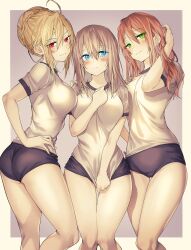 Rule 34 | 3girls, absurdres, ahoge, angelica rapha redgrave, blonde hair, blue eyes, border, braid, breasts, brown hair, buruma, clarice fia atlee, clenched hand, covering privates, covering crotch, frown, green eyes, gym uniform, hand on another&#039;s shoulder, hand on own hip, hand on own chest, highres, holding, holding hair, large breasts, light brown hair, medium hair, multiple girls, olivia (mobseka), otome game sekai wa mob ni kibishii sekai desu, purple buruma, red eyes, shiosato jun, shirt, smile, white border, white shirt