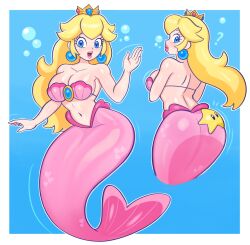 Rule 34 | 1girl, absurdres, air bubble, alternate costume, ass, bare shoulders, bikini, blonde hair, blue eyes, border, breasts, bubble, cleavage, crown, earrings, female focus, highres, jewelry, large breasts, long hair, looking at viewer, lumadraws, mario (series), mermaid, monster girl, multiple views, navel, nintendo, open mouth, pink tail, princess peach, shell, shell bikini, solo, sphere earrings, star (symbol), starfish, strapless, strapless bikini, super mario bros. 1, super star (mario), swimsuit, underwater, waving, white border