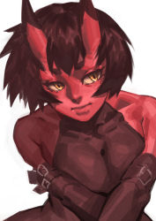 Rule 34 | 1girl, arm belt, bare shoulders, black bodysuit, bodysuit, brown hair, closed mouth, colored skin, commentary, elbow gloves, english commentary, gloves, horns, kidouko (zakusi), oni, original, red oni, red skin, short hair, solo, upper body, yellow eyes, zakusi