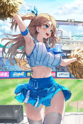 Rule 34 | 1girl, arm up, armband, armpits, bare shoulders, blue eyes, blue skirt, breasts, brown hair, cheerleader, crop top, day, hair ribbon, high-waist skirt, highres, holding, holding pom poms, huwari (dnwls3010), large breasts, long hair, midriff, miniskirt, navel, neckerchief, open mouth, original, outdoors, outstretched arms, pleated skirt, pom pom (cheerleading), pom poms, ribbon, sailor collar, shirt, skirt, sleeveless, sleeveless shirt, smile, solo, stomach, sweat, thighhighs, thighs, two side up, white shirt, white thighhighs