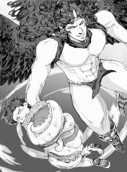 Rule 34 | 2boys, abs, bad id, bad pixiv id, boots, bound, character request, from above, greyscale, highres, horns, jojo no kimyou na bouken, kars (jojo), loincloth, long hair, male focus, manly, midair, monochrome, multiple boys, muscular, pakira (trrrrrrlrrr), pelvic curtain, restrained, smile, tentacles, tentacles on male, wings