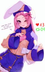 Rule 34 | 1girl, absurdres, blush, bow, closed mouth, english text, highres, long hair, long sleeves, looking at viewer, meme, murmoruno, one eye closed, original, pink bow, pink eyes, pink hair, simple background, smile, solo, twitter strip game (meme), white background