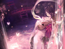 Rule 34 | 1girl, alt (apou), black hair, blue eyes, blush, breasts, bridge, bug, butterfly, cherry blossoms, cleavage, dark, dutch angle, earrings, garden, hair ornament, hair up, hairpin, bug, instrument, japanese clothes, jewelry, kimono, long hair, lute (instrument), medium breasts, music, night, obi, open mouth, original, playing instrument, reflection, river, sash, sidelocks, sitting, smile, solo, torii, tree, water