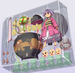Rule 34 | 1girl, ahoge, barefoot, bowl, box, closed eyes, closed mouth, expressions, figure, full body, grey background, highres, hook, japanese clothes, kimono, long sleeves, miracle mallet, needle, open mouth, purple hair, red eyes, red kimono, sash, short hair, simple background, smile, solo, sukuna shinmyoumaru, syope, touhou