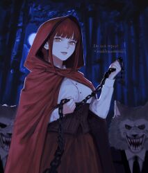 Rule 34 | 1girl, 2others, alternate costume, black jacket, black necktie, braid, braided ponytail, brown skirt, chain, chainsaw man, cloak, collared shirt, corset, cosplay, forest, formal, halloween, highres, holding, holding chain, hood, hooded cloak, jacket, kamo (kamonegioisi), little red riding hood, little red riding hood (grimm), little red riding hood (grimm) (cosplay), looking at viewer, makima (chainsaw man), medium hair, moon, multiple others, nature, necktie, night, open mouth, parted lips, red cloak, red hair, ringed eyes, sharp teeth, shirt, sidelocks, skirt, smile, solo focus, suit, suit jacket, teeth, white shirt, wolf mask, yellow eyes