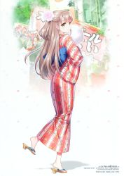 Rule 34 | 1girl, 2018, absurdres, an2a, artist name, back bow, barefoot, blue bow, bow, brown eyes, brown hair, flower, from side, hair flower, hair ornament, highres, japanese clothes, kimono, long hair, looking at viewer, original, page number, solo, striped clothes, striped kimono, very long hair, walking, white background, white flower, yukata