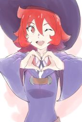 Rule 34 | 90millimetri, bad id, bad twitter id, blue hat, blue neckwear, collared shirt, hair between eyes, hat, heart, heart hands, highres, little witch academia, luna nova school uniform, one eye closed, open mouth, purple hat, red eyes, red hair, school uniform, shiny chariot, shirt, short hair, simple background, smile, solo, teeth, upper teeth only, ursula callistis, white background, white shirt, witch, witch hat