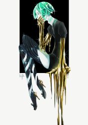 Rule 34 | 1other, androgynous, black background, commentary request, crystal hair, gem uniform (houseki no kuni), golden arms, green eyes, green hair, high heels, highres, houseki no kuni, molten metal, necktie, phosphophyllite, puffy short sleeves, puffy sleeves, raffa 314, short hair, short sleeves, signature, simple background, solo, sparkle, white background