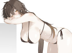 Rule 34 | 1girl, arm support, bare shoulders, bent over, bikini, black bikini, blush, breasts, brown hair, commentary request, from side, genderswap, genderswap (mtf), genshin impact, gradient hair, hanging breasts, large breasts, long hair, looking at viewer, looking to the side, multicolored hair, navel, orange eyes, orange hair, otsumami (02mami), side-tie bikini bottom, simple background, solo, swimsuit, very long hair, white background, zhongli (genshin impact)