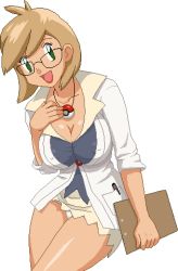 Rule 34 | 1girl, aliasing, bob cut, breasts, brown hair, cleavage, clipboard, contrapposto, covered erect nipples, cowboy shot, glasses, green eyes, happy, huge breasts, jewelry, leaning forward, lowres, miniskirt, nary (nchallenge), nchallenge, necklace, open mouth, panties, pantyshot, poke ball, red lips, short hair, skirt, smile, solo, standing, swept bangs, thighs, transparent background, underwear, warner, white panties
