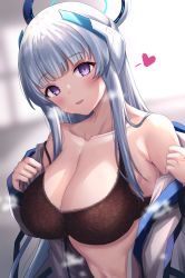 Rule 34 | 1girl, black bra, blue archive, bra, breasts, cleavage, collarbone, embroidered bra, halo, headpiece, heart, highres, hime cut, large breasts, long hair, looking at viewer, mechanical halo, midriff, noa (blue archive), purple eyes, removing jacket, shiki (catbox230123), steaming body, underwear, undressing, white hair