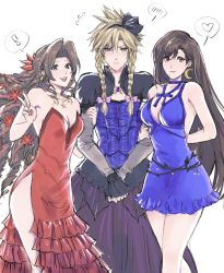 Rule 34 | !, 1boy, 2girls, aerith gainsborough, arm behind back, bare arms, black hairband, blonde hair, blue dress, blue eyes, blush, bow, braid, breasts, brown hair, choker, cleavage, cloud strife, corset, crescent, crescent earrings, crossdressing, curly hair, dress, earrings, final fantasy, final fantasy vii, final fantasy vii remake, flamenco dress, flower, green eyes, hair between eyes, hair bow, hair flower, hair ornament, hair ribbon, hairband, heart, highres, jewelry, kivavis, large breasts, lingerie, long dress, long hair, looking at viewer, looking down, medium breasts, multiple girls, necklace, negligee, official alternate costume, open mouth, parted bangs, pink bow, ponytail, red dress, red eyes, red flower, red ribbon, ribbon, short dress, side slit, sidelocks, smile, spiked hair, square enix, strapless, strapless dress, teeth, tifa lockhart, tifa lockhart (refined dress), twin braids, underwear, upper body, upper teeth only, v, v arms, wall market