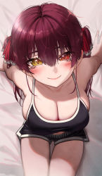 Rule 34 | 1girl, absurdres, arm support, bare arms, bed sheet, black shorts, black sports bra, blush, breasts, cleavage, closed mouth, cowboy shot, duplicate, from above, hair between eyes, hair ribbon, highres, hololive, houshou marine, large breasts, long hair, looking at viewer, on bed, pixel-perfect duplicate, red eyes, red hair, red ribbon, ribbon, short shorts, shorts, sitting, smile, solo, sports bra, thigh gap, torriet, virtual youtuber, yellow eyes