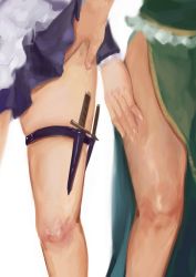 Rule 34 | 2girls, 3four, apron, blue dress, close-up, dagger, dress, fingernails, frilled shirt, frills, green skirt, hand on another&#039;s thigh, hip focus, hong meiling, izayoi sakuya, knife, legs, long skirt, long sleeves, maid, maid apron, multiple girls, out of frame, shirt, short dress, side slit, simple background, sketch, skindentation, skirt, thigh strap, thighs, touhou, weapon, white background, yuri