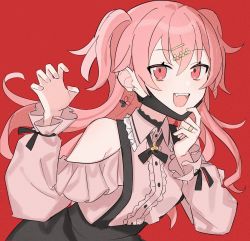 Rule 34 | 1girl, :d, bare shoulders, black ribbon, black skirt, claw pose, commentary, cross tie, earrings, hair ornament, hairclip, highres, jewelry, long hair, long sleeves, momoi airi, open mouth, pink eyes, pink hair, pink shirt, project sekai, puffy long sleeves, puffy sleeves, red background, ribbon, shirt, simple background, skirt, smile, solo, suspender skirt, suspenders, two side up, upper body, vampire (vocaloid), vocaloid, yuniwe