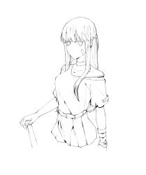 Rule 34 | 1girl, absurdres, bandaid, bandaid on face, belt, chinese commentary, choker, closed mouth, collarbone, commentary request, cowboy shot, cropped legs, earrings, greyscale, half updo, haoxiangkan nutong, highres, jewelry, kyou wa kanojo ga inai kara, lineart, long hair, looking at viewer, monochrome, pleated skirt, short sleeves, sidelocks, simple background, single bare shoulder, single off shoulder, skirt, solo, spot color, star (symbol), star earrings, taki fuuko
