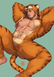 Rule 34 | 1boy, abs, absolum art, animal costume, animal ears, animal print, arms behind head, bara, bare pectorals, beard, borrowed character, brown eyes, brown hair, bulge, cowboy shot, dizdoodz, facial hair, feet out of frame, highres, large pectorals, leg up, lying, male focus, manly, muscular, naked costume, navel, nipples, on back, original, pectorals, short hair, solo, spread legs, tail, thick thighs, thighs, tiger costume, tiger ears, tiger print, tiger tail