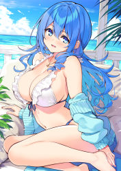 Rule 34 | 1girl, bare shoulders, barefoot, bikini, blue eyes, blue hair, blue jacket, breasts, cleavage, collarbone, cu-no, day, frilled bikini, frills, front-tie bikini top, front-tie top, hair between eyes, hisen kaede, jacket, jewelry, kohitsuji ai, large breasts, long hair, looking at viewer, navel, necklace, ocean, off shoulder, open clothes, open jacket, open mouth, outdoors, sitting, smile, solo, stomach, strap gap, swimsuit, thighs, white bikini