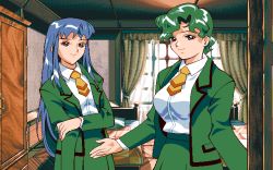 Rule 34 | 1990s (style), 2 shot diary 2, 2girls, blue hair, character request, cowboy shot, curtains, dithering, facing viewer, game cg, green hair, green jacket, green skirt, indoors, jacket, light smile, long hair, looking at viewer, may-be soft, multiple girls, pc98, retro artstyle, school uniform, shirt, short hair, skirt, smile, standing, tagme, white shirt, window, yellow neckwear