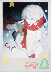 1girl absurdres arknights character_request christmas commentary dated_commentary gloves grey_eyes grey_hair grey_skirt highres jacknife long_hair long_sleeves looking_at_viewer red_eyes red_gloves red_scarf scarf sitting skirt snow solo sweater white_sweater winter winter_clothes