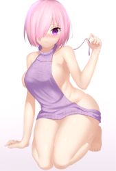 Rule 34 | 1girl, aran sweater, backless dress, backless outfit, bad id, bad pixiv id, bare arms, bare shoulders, barefoot, blurry, blush, breasts, bu li, cable knit, depth of field, dress, fate/grand order, fate (series), female focus, full body, grey sweater, hair over one eye, halterneck, large breasts, mash kyrielight, meme attire, naked sweater, purple eyes, purple hair, ribbed sweater, short hair, sideboob, simple background, solo, sweater, sweater dress, turtleneck, turtleneck sweater, virgin killer sweater, white background