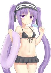 Rule 34 | black one-piece swimsuit, fate/grand order, fate/hollow ataraxia, fate (series), food, headband, highres, ice cream, long hair, looking at viewer, one-piece swimsuit, open mouth, purple eyes, purple hair, smile, stheno (fate), swimsuit, twintails