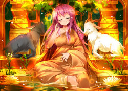 Rule 34 | 1girl, alternate costume, barefoot, breasts, collarbone, closed eyes, flower, goat, gradient hair, grass, hand on own stomach, hand up, hijiri byakuren, horns, koha, large breasts, light particles, light rays, light smile, lily pad, long hair, lotus, meditation, monk, multicolored hair, off shoulder, pillar, pink hair, robe, sitting, soaking feet, solo, sunbeam, sunlight, touhou, water