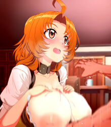 Rule 34 | 1boy, 1girl, blush, breasts, brown eyes, clothed female nude male, clothed sex, collar, hands on own breasts, head out of frame, highres, huge breasts, kaiko sareta ankoku heishi (30-dai) no slow na second life, malika (ankoku heishi), medium hair, nude, open mouth, orange hair, paizuri, pt, smile