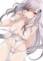 Rule 34 | 1girl, alternate costume, arm behind back, azur lane, between breasts, breasts, butterfly hair ornament, choker, cleavage, commission, cosplay, cowboy shot, crotchless, crotchless pantyhose, dunkerque (azur lane), dutch angle, gluteal fold, grey hair, hair ornament, hand up, highres, large breasts, le malin (azur lane), le malin (azur lane) (cosplay), le malin (listless lapin) (azur lane), leotard, long hair, marekamico, o-ring, o-ring choker, pantyhose, skeb commission, solo, strap between breasts, thigh gap, thighs, white background, white leotard, white pantyhose, white wrist cuffs, wrist cuffs