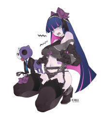 Rule 34 | 1girl, absurdres, arm cuffs, bare shoulders, black footwear, black gloves, black jacket, black panties, black shirt, black thighhighs, blue hair, blue necktie, blush, boots, breasts, chain, claws, collared shirt, colored inner hair, commentary, crop top, elbow gloves, full body, garter belt, gloves, green eyes, halterneck, high heel boots, high heels, highres, honekoneko (psg), jacket, lace, lace-trimmed legwear, lace trim, lingerie, liren44, long hair, looking at viewer, medium breasts, midriff, multicolored hair, navel, necktie, open mouth, panties, panty &amp; stocking with garterbelt, pink hair, shirt, simple background, solo, squatting, stocking (psg), striped necktie, striped neckwear, stuffed animal, stuffed cat, stuffed toy, teeth, thigh boots, thighhighs, twitter username, underwear, very long hair, white background