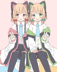 Rule 34 | 2girls, animal ear headphones, animal ears, black shorts, black skirt, black thighhighs, blonde hair, blue archive, blue necktie, blush, bow, cat ear headphones, collared shirt, fake animal ears, feet out of frame, green bow, green eyes, green halo, green hood, hair bow, halo, headphones, hood, hooded jacket, jacket, kamotsu yasai, looking at viewer, low-tied sidelocks, midori (blue archive), momoi (blue archive), multicolored clothes, multicolored jacket, multiple girls, necktie, open mouth, pink bow, pink eyes, pink halo, pink hood, pleated skirt, sepia background, shirt, short hair, shorts, siblings, sisters, sitting, sitting on object, skirt, smile, suspenders, thighhighs, twins, v, white shirt