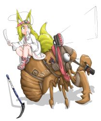 Rule 34 | 1girl, absurdres, animal, animal ears, blonde hair, bug, cicada, closed mouth, clothed animal, doitsuken, dress, drinking, fox ears, fox tail, from side, gloves, headband, headlamp, highres, holding, ice pick, insect, long hair, monster energy, mouth hold, original, oversized animal, pouch, scissors, shoes, sitting, smile, socks, solo, tail, white dress
