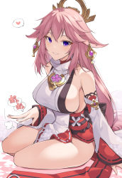 Rule 34 | 1girl, animal ears, breasts, detached sleeves, earrings, fox ears, genshin impact, hair ornament, heart, highres, jewelry, lap pillow invitation, large breasts, long hair, looking at viewer, ohta yuichi, parted lips, pink hair, purple eyes, seiza, shirt, sideboob, sitting, sleeveless, sleeveless shirt, smile, solo, un9man, vision (genshin impact), white background, white shirt, yae miko