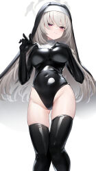 Rule 34 | 1girl, absurdres, black gloves, black thighhighs, blue archive, breasts, closed mouth, covered navel, elbow gloves, feet out of frame, gloves, gluteal fold, grey hair, groin, highleg, highleg leotard, highres, impossible clothes, impossible leotard, justina follower (blue archive), large breasts, latex, latex leotard, leotard, long hair, looking at viewer, nun, purple eyes, sakurako (blue archive), solo, somray, standing, thigh gap, thighhighs, veil, very long hair