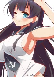 Rule 34 | 10s, 1girl, 9law, agano (kancolle), bad id, bad pixiv id, blue eyes, blush, breasts, kantai collection, large breasts, long hair, one eye closed, simple background, smile, solo, very long hair, white background