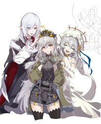 Rule 34 | 1other, 3girls, absurdres, arknights, black gloves, black jacket, black thighhighs, blush, closed eyes, commentary request, creature on head, cropped legs, doctor (arknights), dress, gladiia (arknights), gladiia (return) (arknights), gloves, green jacket, grey hair, hair over one eye, hand on another&#039;s head, hand on another&#039;s shoulder, highres, jacket, long hair, looking at viewer, metal crab (arknights), multiple girls, official alternate costume, open mouth, pointy ears, red eyes, sharp teeth, shirt, skadi (arknights), skadi (the next afternoon tea) (arknights), smile, specter (arknights), specter the unchained (arknights), specter the unchained (born as one) (arknights), teeth, thighhighs, thumbs up, utsuke, white dress, white shirt