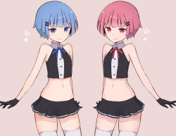 Rule 34 | 2girls, bad id, bad pixiv id, bare shoulders, black gloves, black shirt, black skirt, blue eyes, blue hair, blush, brown background, closed mouth, collared shirt, commentary request, coraman, crop top, gloves, hair ornament, hairclip, highres, midriff, multiple girls, navel, original, pleated skirt, red eyes, red hair, shirt, simple background, skirt, sleeveless, sleeveless shirt, smile, star (symbol), symmetry, thighhighs, virtual youtuber, white legwear