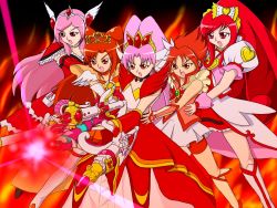 Rule 34 | 00s, 10s, 5girls, akagi towa, brooch, color connection, cure ace, cure passion, cure rouge, cure scarlet, cure sunny, dokidoki! precure, dress, fiery background, fire, fresh precure!, glint, go! princess precure, gradient background, heart, helios (divisar), helios (pixiv id 435153), higashi setsuna, hino akane (smile precure!), jewelry, madoka aguri, multiple girls, natsuki rin, open mouth, pink hair, pointy ears, ponytail, power connection, precure, red dress, red eyes, red hair, smile precure!, yes! precure 5, yes! precure 5 gogo!