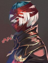 Rule 34 | 1boy, aofv tuna07, bandaged head, bandages, black cloak, blue hair, brown background, cloak, grimms notes, highres, looking to the side, male focus, multicolored hair, profile, prometheus (grimms notes), red bandage, red eyes, short hair, solo, upper body, white hair
