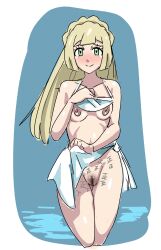 Rule 34 | 1girl, absurdres, blonde hair, breasts, censored, creatures (company), female focus, game freak, green eyes, highres, japanese text, kanden-ki, lillie (pokemon), long hair, medium breasts, nintendo, nipples, pokemon, pokemon (anime), pokemon sm (anime), ponytail, pussy, smile, swimsuit, text focus, translation request, water