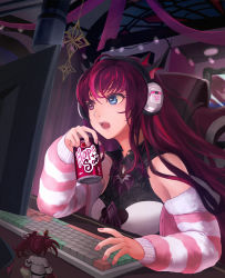Rule 34 | ahoge, bedroom, blue eyes, breasts, brooch, cardigan, chair, drink, fangs, figure, gaming chair, hair between eyes, hakos baelz, headphones, heterochromia, highres, hololive, hololive english, horns, indoors, irys (hololive), irys (irys 1.0) (hololive), jewelry, keyboard (computer), large breasts, livestream, looking at screen, nose, open cardigan, open clothes, open mouth, product placement, purple eyes, purple hair, ranh, striped clothes, striped sweater, sweater, swivel chair, virtual youtuber