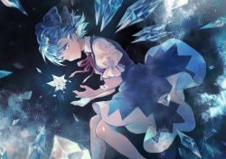 Rule 34 | 1girl, black background, blue background, blue bow, blue dress, blue eyes, blue hair, bow, bowtie, breasts, cirno, closed mouth, collar, collared shirt, cryokinesis, dress, flying, gensou aporo, hair between eyes, hands up, ice, ice wings, light, looking to the side, magic, medium breasts, puffy short sleeves, puffy sleeves, red bow, red bowtie, shadow, shirt, short hair, short sleeves, solo, touhou, white shirt, wings