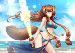 Rule 34 | 1girl, :t, adsouto, animal ears, artist name, beach, bikini, blue bikini, blue sky, blush, breasts, brown hair, cleavage, cloud, contrapposto, day, floating hair, flower, groin, hair flower, hair ornament, highres, holding, holding sword, holding weapon, long hair, looking at viewer, medium breasts, navel, ocean, outdoors, pink flower, raccoon ears, raccoon girl, raccoon tail, raphtalia, red eyes, sarong, sidelocks, sky, solo, standing, swimsuit, sword, tail, tate no yuusha no nariagari, v-shaped eyebrows, very long hair, weapon