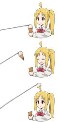 Rule 34 | 1girl, ahoge, blonde hair, bocchi the rock!, closed eyes, closed mouth, collared shirt, detached ahoge, dondurma (ice cream), food, highres, holding food, holding ice cream, ice cream, ice cream cone, ijichi nijika, long hair, open mouth, red eyes, red ribbon, ribbon, shirt, side ponytail, simple background, solo, sweatdrop, tenten (chan4545), white background, white shirt