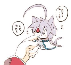 Rule 34 | 1boy, 1girl, ahoge, animal ears, bad id, bad twitter id, biting, blazblue, cape, cat ears, cat tail, chibi, eyepatch, finger in another&#039;s mouth, kuro yuzu, nu-13, o o, ragna the bloodedge, silver hair, tail, translation request