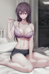 Rule 34 | 1girl, absurdres, barefoot, black shorts, blush, bra, breasts, cleavage, collarbone, commentary request, hand up, highres, indoors, large breasts, long hair, looking at viewer, luxiel, navel, original, parted lips, purple bra, purple eyes, purple hair, short shorts, shorts, smile, solo, stomach, strap pull, teeth, thighs, underwear, window