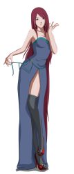 Rule 34 | 1girl, bad anatomy, belt, black thighhighs, blue belt, blue dress, blue eyes, blush, breasts, collarbone, dress, flowerinhell, hair ornament, hairclip, high heels, highres, large breasts, long hair, looking at viewer, nail polish, naruto, naruto (series), naruto shippuuden, parted lips, red footwear, red hair, shoes, side slit, sleeveless, sleeveless dress, standing, teeth, thighhighs, transparent background, uzumaki kushina