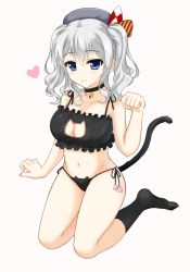 Rule 34 | 10s, 1girl, bell, beret, black socks, blue eyes, blush, breasts, cat cutout, cat ear panties, cat lingerie, cat tail, choker, cleavage, cleavage cutout, clothing cutout, collarbone, commentary, eyebrows, hair between eyes, hat, heart, highres, hip focus, jingle bell, kantai collection, kashima (kancolle), kneehighs, kneeling, large breasts, looking at viewer, masa (fate), meme attire, navel, neck bell, panties, paw pose, side-tie panties, simple background, smile, socks, solo, tail, tan background, thighs, twintails, underwear, wavy hair